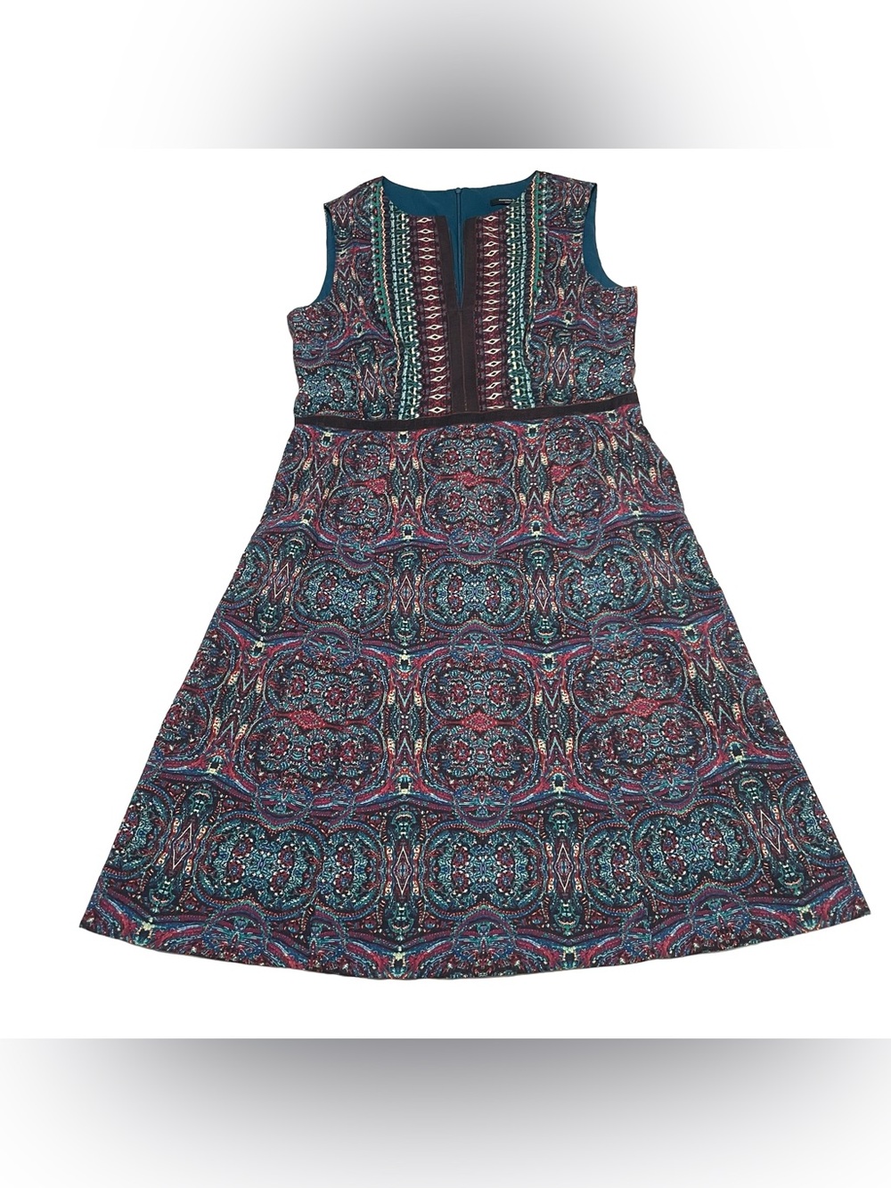 Silk and Cotton Blend by Nanette Lepore Paisley A-Line Dress - Teal & Burgundy